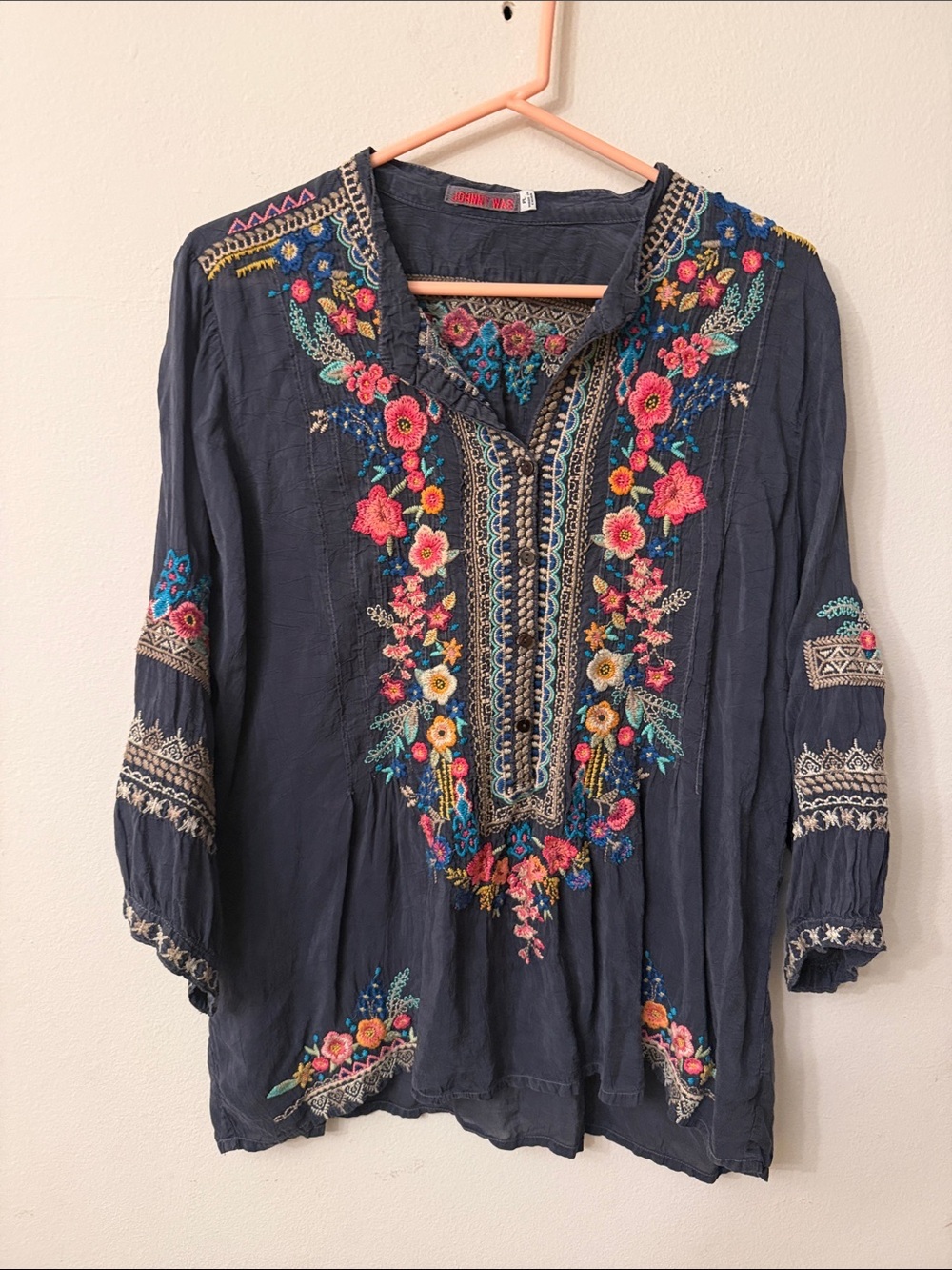 Johnny Was Navy Embroidered Boho Tunic with Multicolor Floral Detail